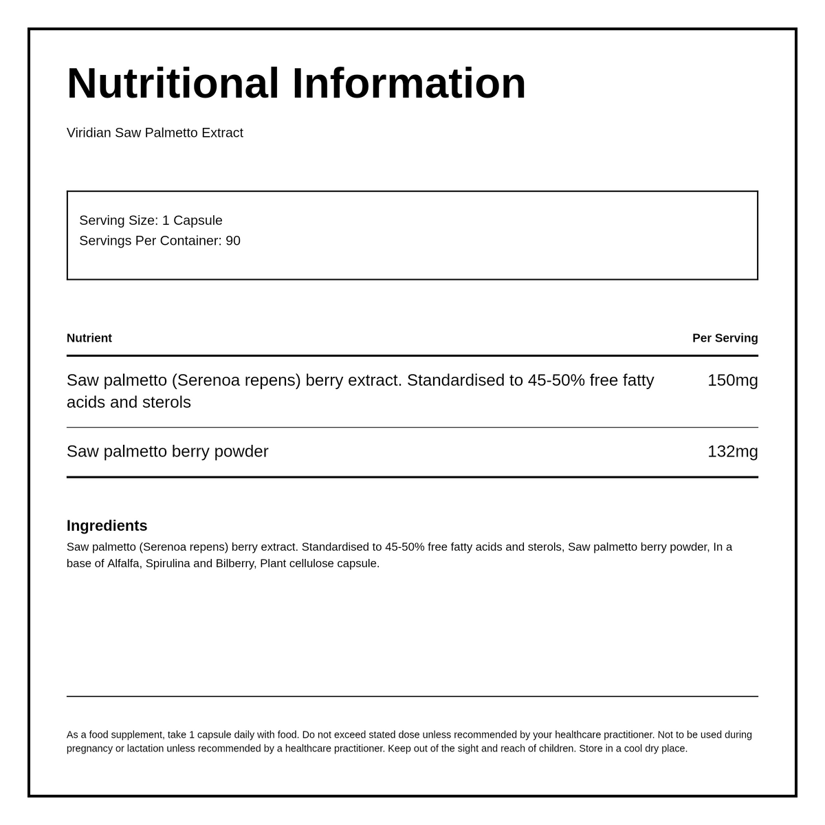 Viridian Saw Palmetto Berry Extract — nutrition information panel, generated from the pack
