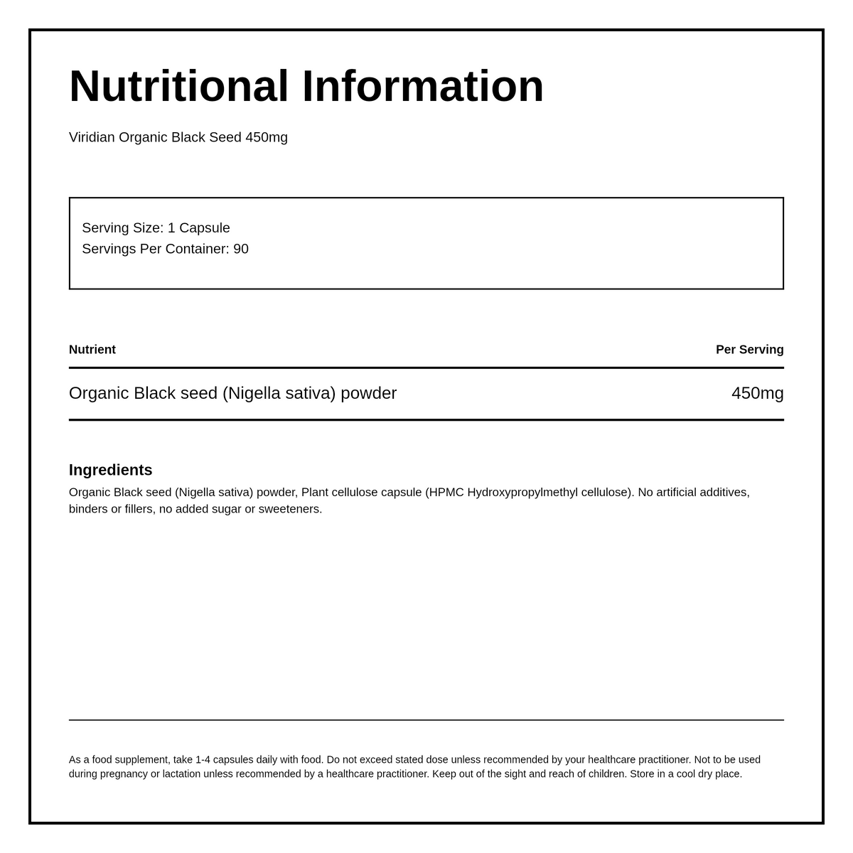 Viridian Organic Black Seed 450mg — nutrition information panel, generated from the pack