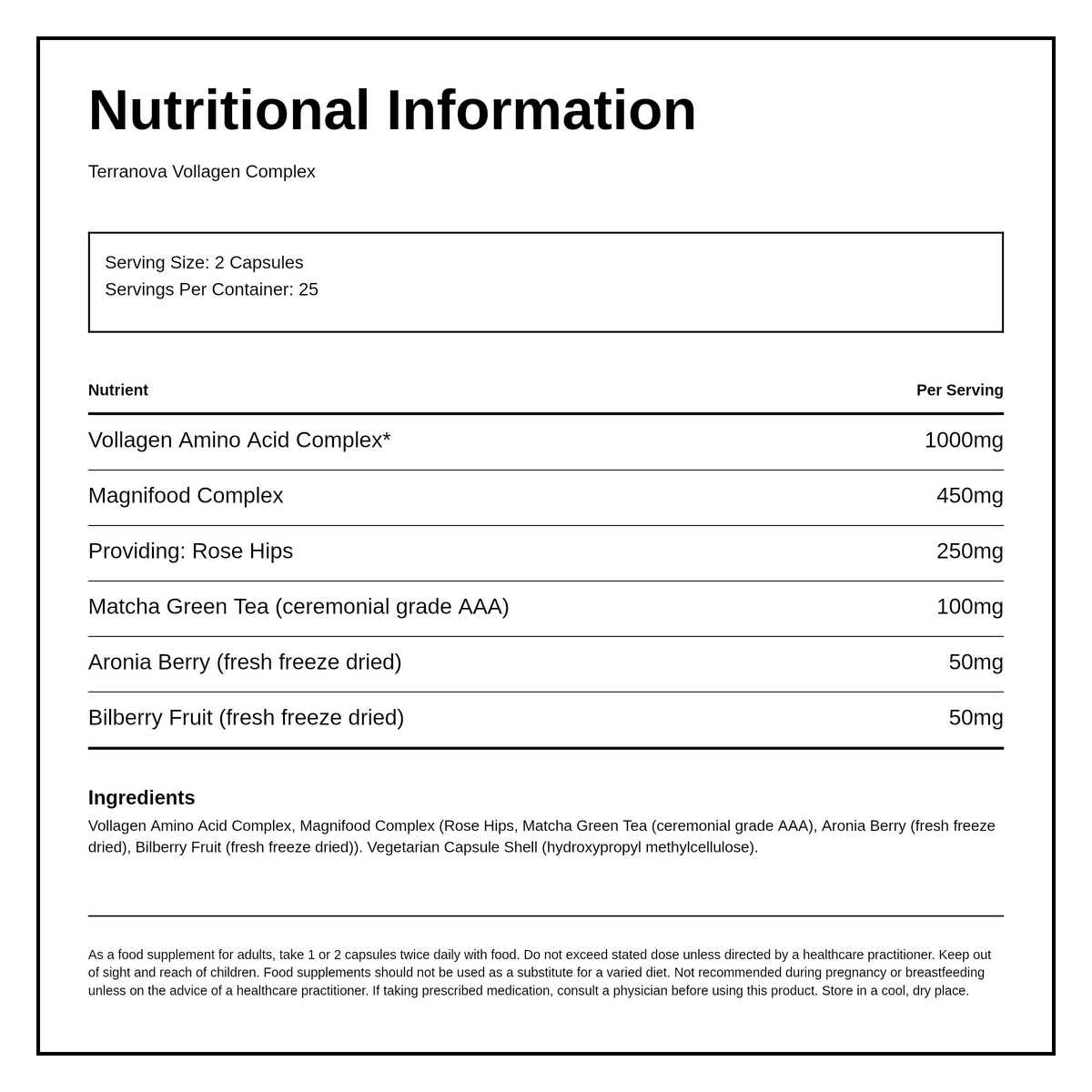 Terranova Vollagen® Complex — nutrition information panel, generated from the pack
