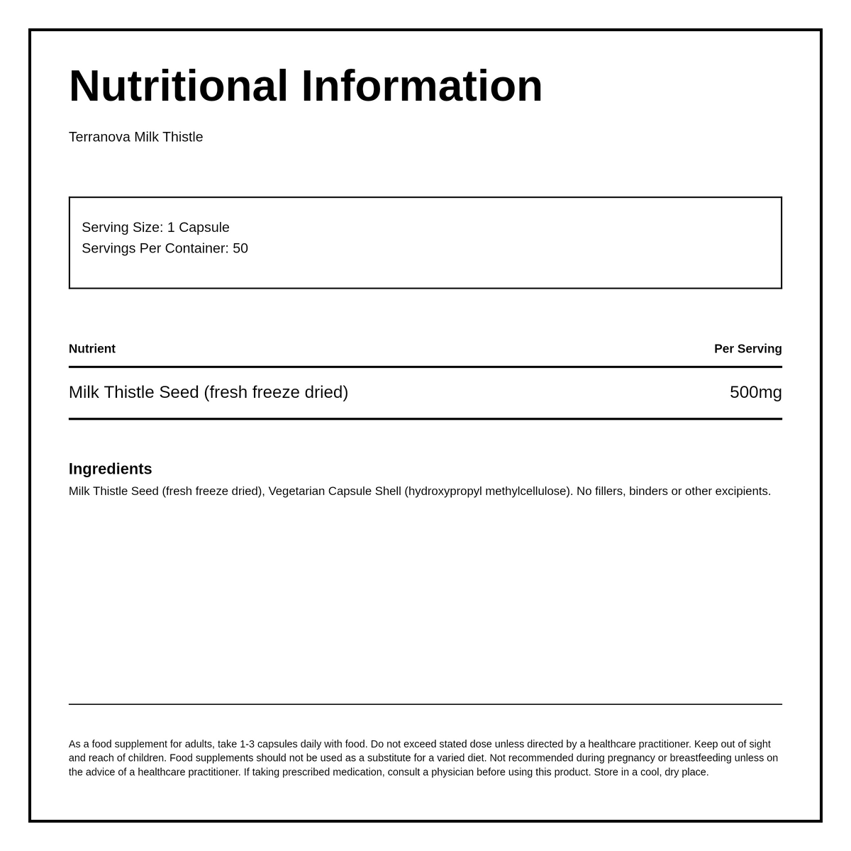 Terranova Milk Thistle 500mg — nutrition information panel, generated from the pack