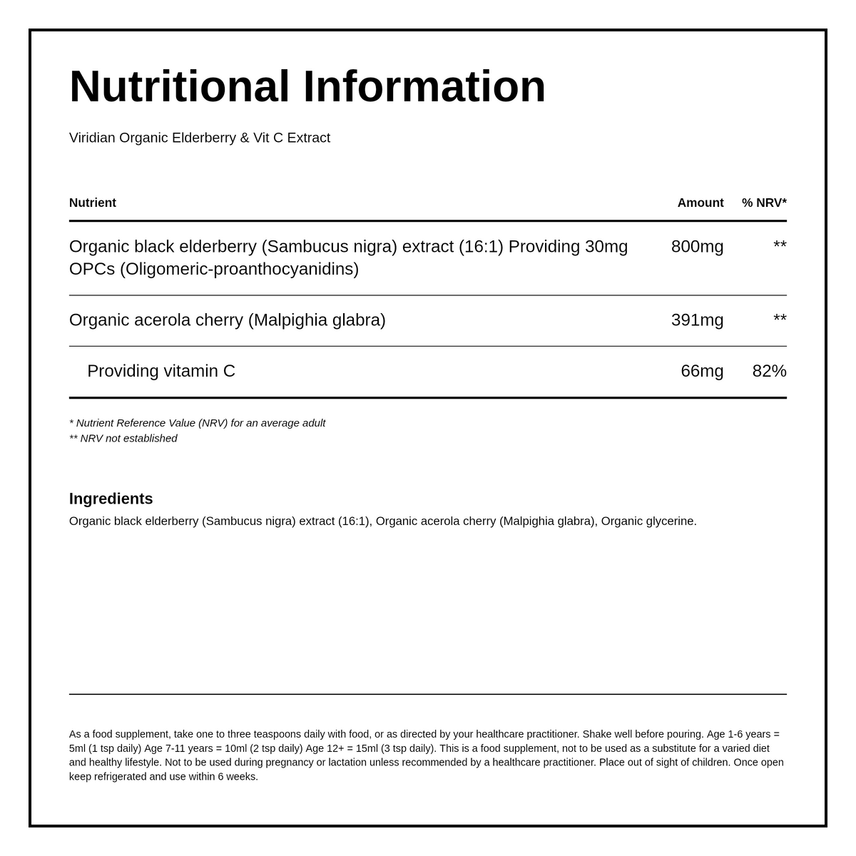 Viridian Org Elderberry & Vit C 100ml — nutrition information panel, generated from the pack