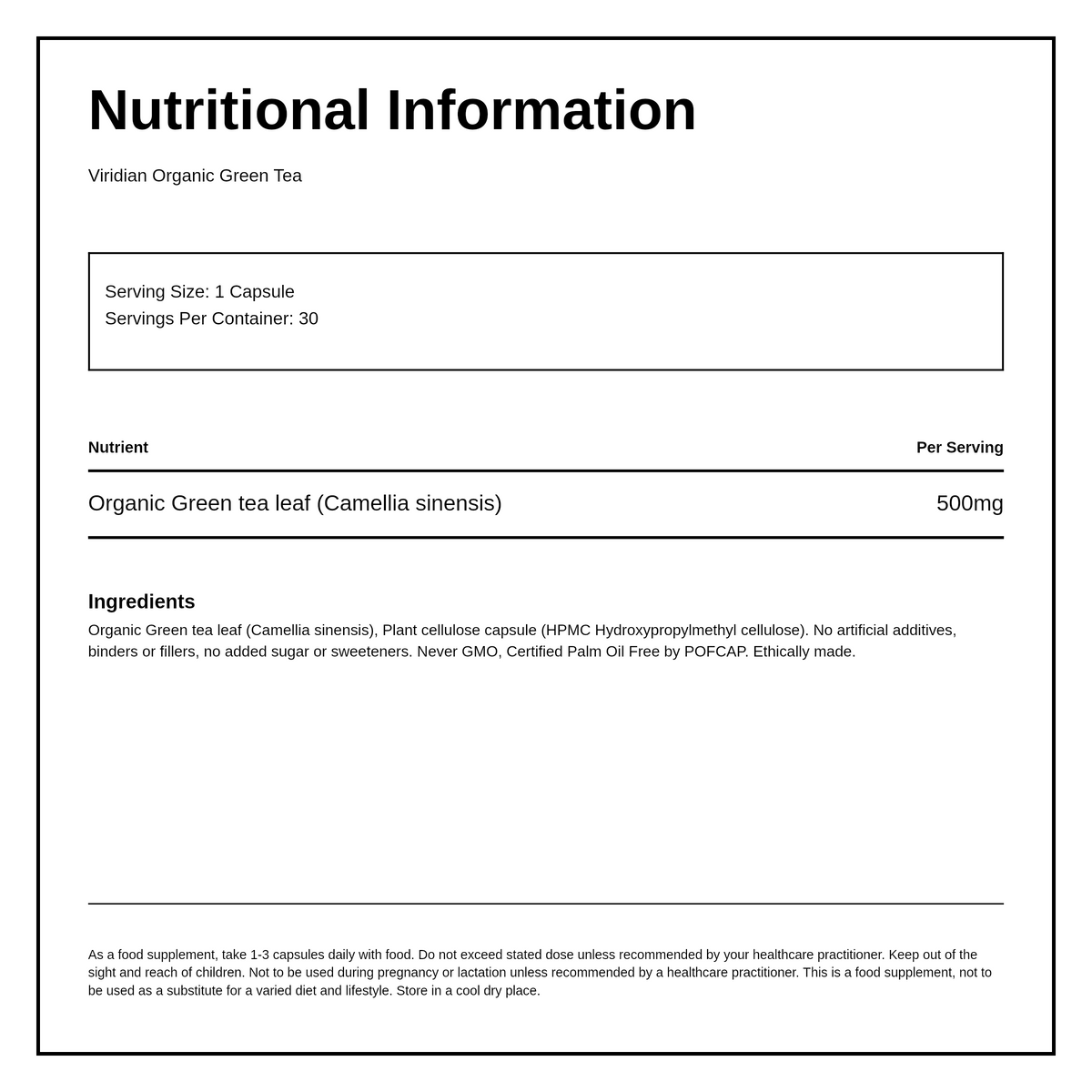 Viridian Organic Green Tea Leaf 500mg — nutrition information panel, generated from the pack