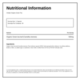 Viridian Organic Green Tea Leaf 500mg — nutrition information panel, generated from the pack