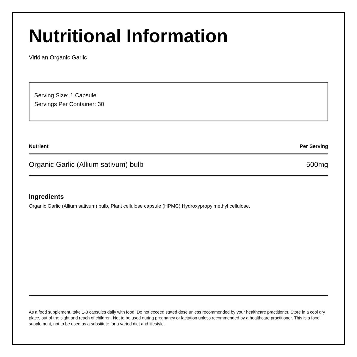 Viridian Organic Garlic 500mg — nutrition information panel, generated from the pack