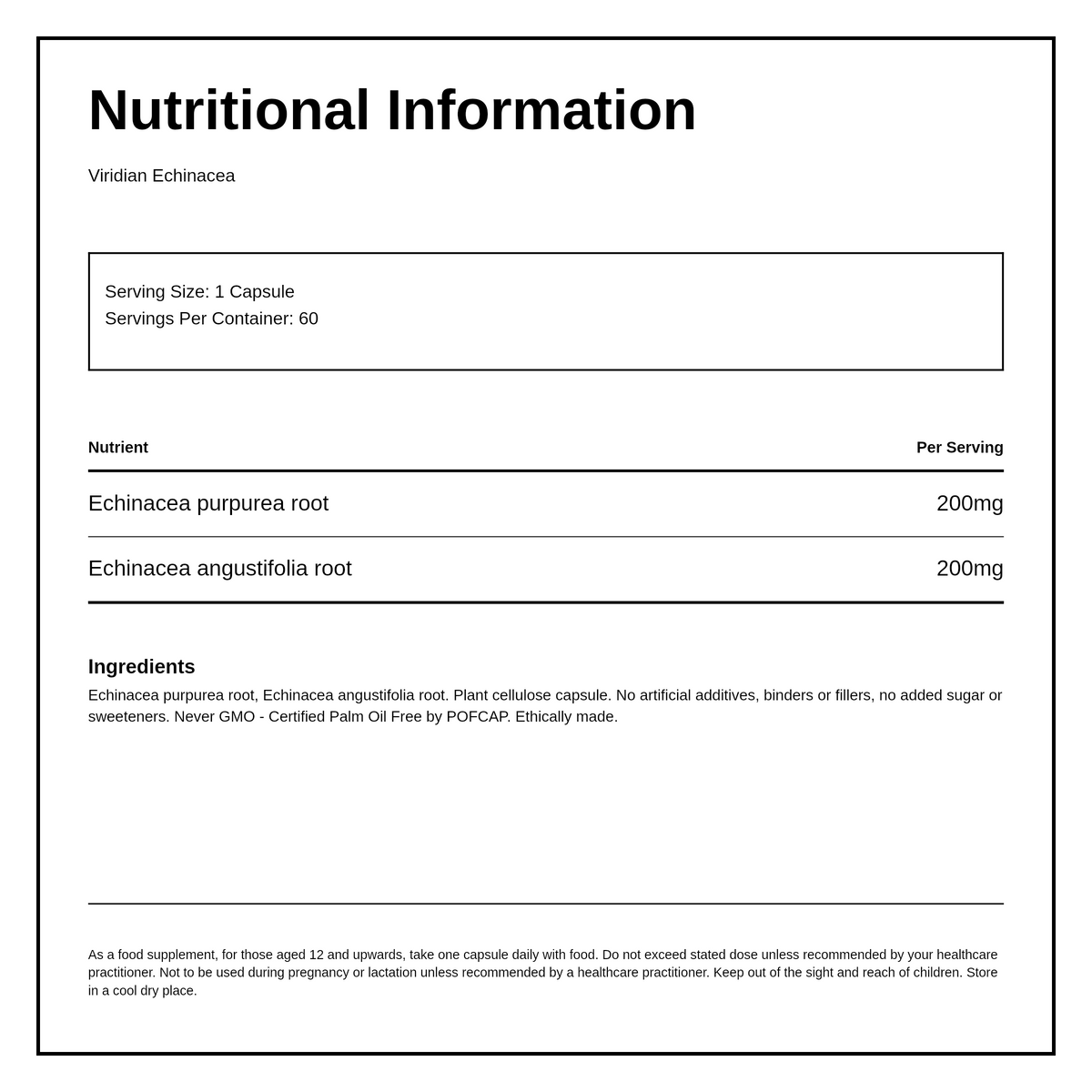 Viridian Echinacea purpurea/angustifolia — nutrition information panel, generated from the pack