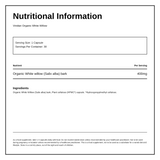 Viridian Organic White Willow 400mg — nutrition information panel, generated from the pack