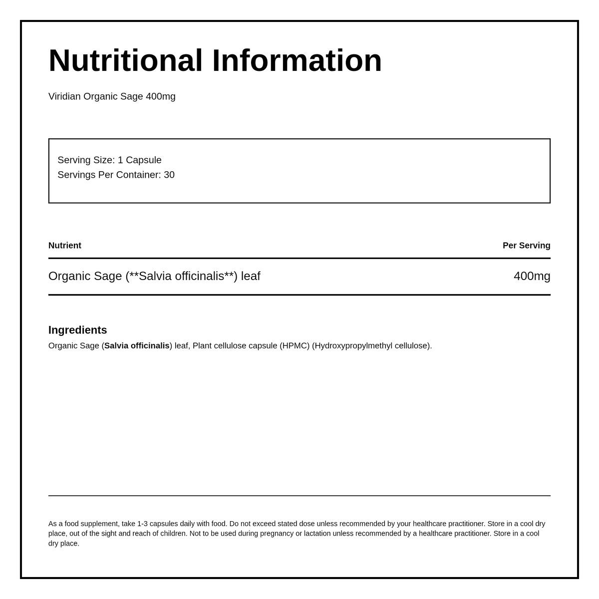 Viridian Organic Sage 400mg — nutrition information panel, generated from the pack