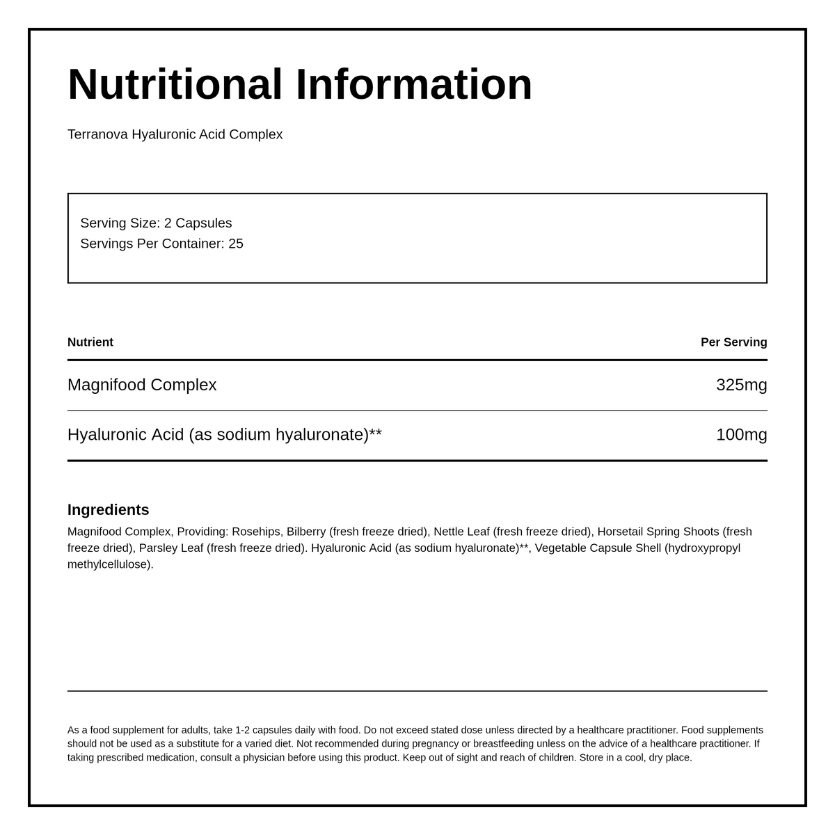 Terranova Hyaluronic Acid Complex — nutrition information panel, generated from the pack