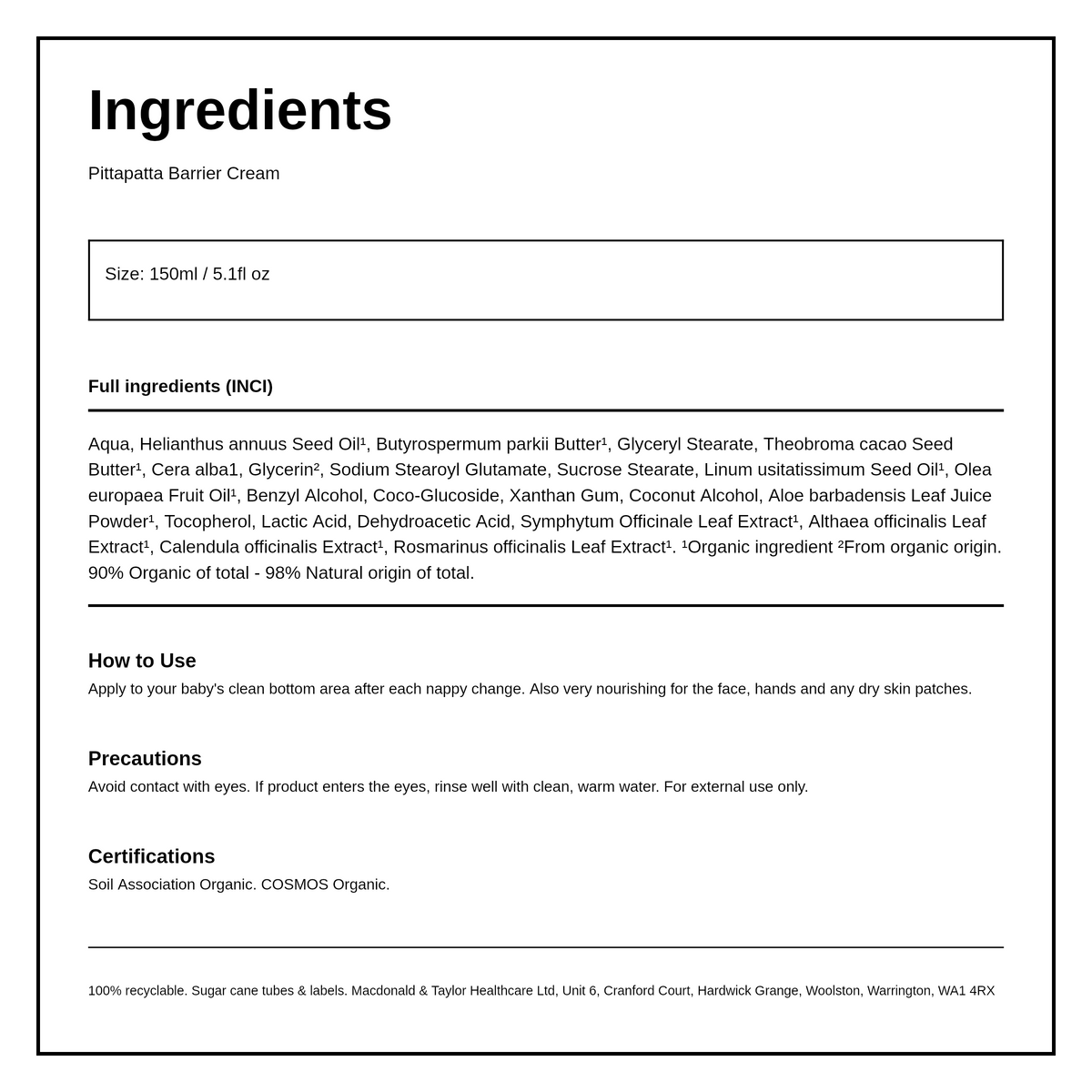 Pitta Patta Barrier Cream with Organic Calendula — ingredients (INCI) panel, generated from the pack