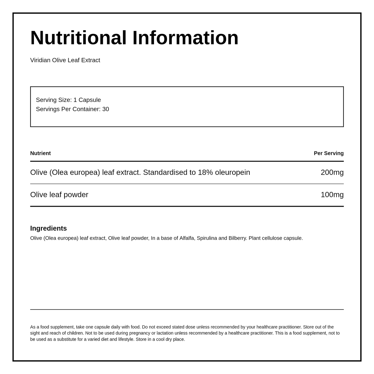 Viridian Olive Leaf Extract — nutrition information panel, generated from the pack