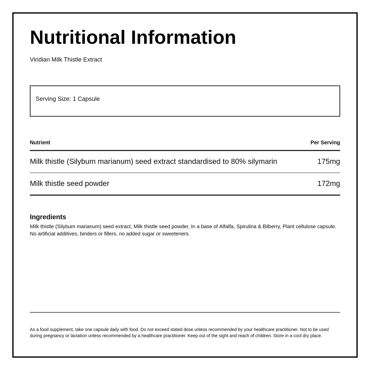 Viridian Milk Thistle Extract — nutrition information panel, generated from the pack