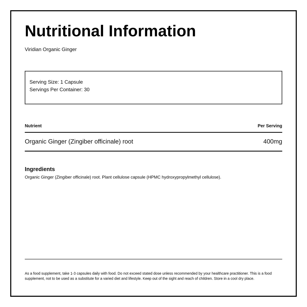 Viridian Organic Ginger Root 400mg — nutrition information panel, generated from the pack