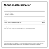 Viridian Organic Ginger Root 400mg — nutrition information panel, generated from the pack