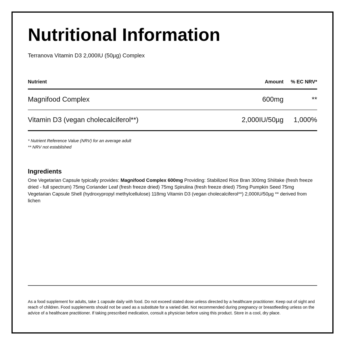 Terranova Vitamin D3 2000 IU Complex — nutrition information panel, generated from the pack