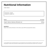 Viridian Organic Valerian Root 400mg — nutrition information panel, generated from the pack