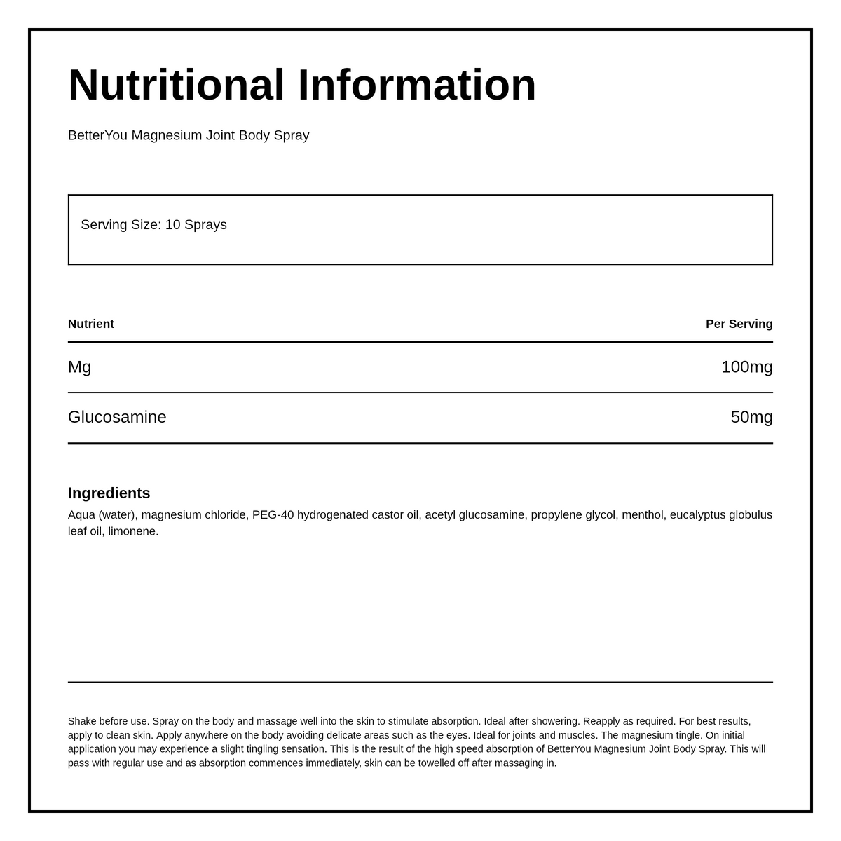 BetterYou Magnesium Oil Joint spray — nutrition information panel, generated from the pack