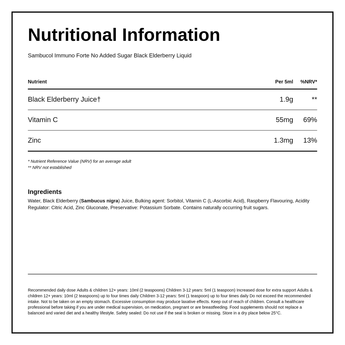 Sambucol Immuno Forte No Added Sugar — nutrition information panel, generated from the pack