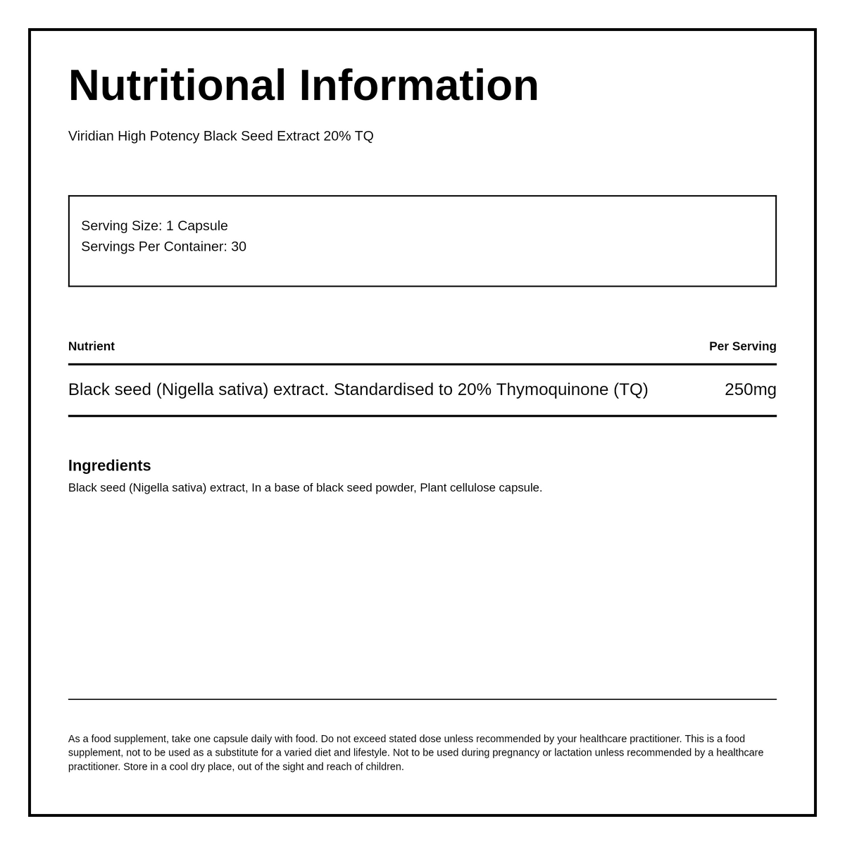 Viridian High Potency Black Seed Extract 20% TQ — nutrition information panel, generated from the pack