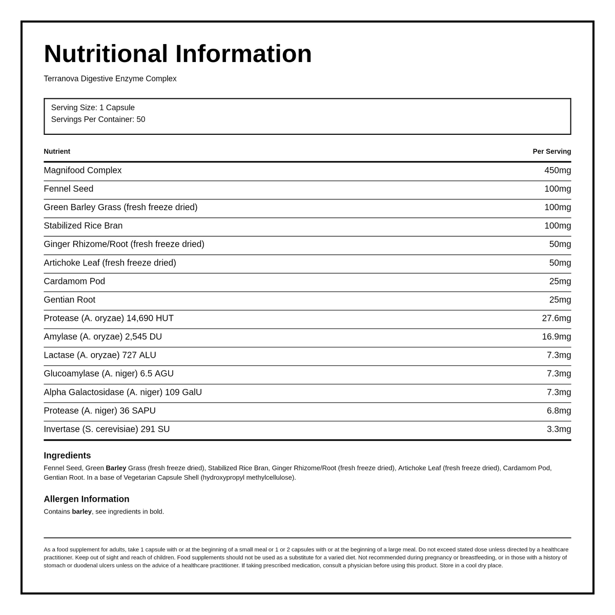 Terranova Digestive Enzyme Complex — nutrition information panel, generated from the pack