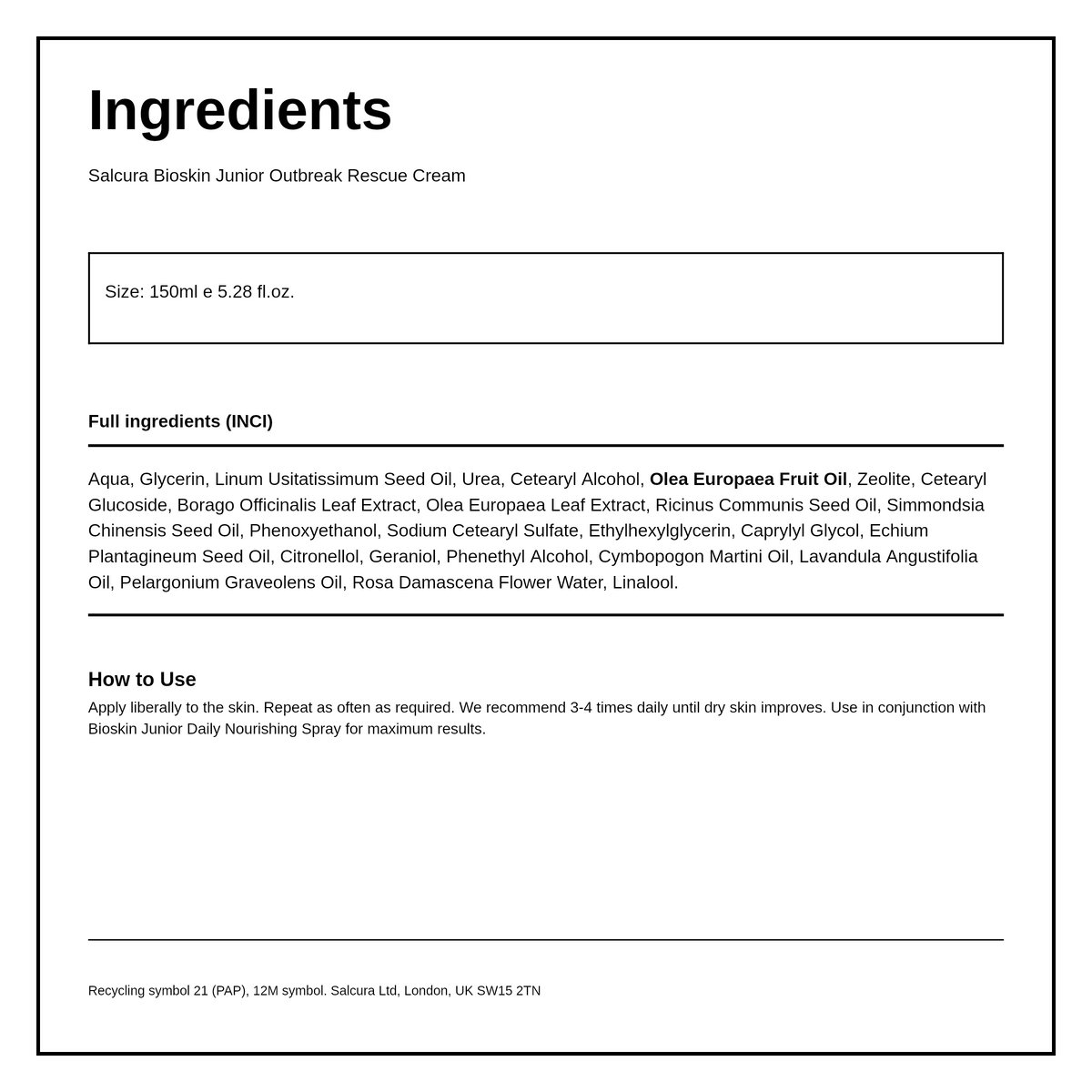 Salcura Bioskin Junior Outbreak Rescue Cream — ingredients (INCI) panel, generated from the pack