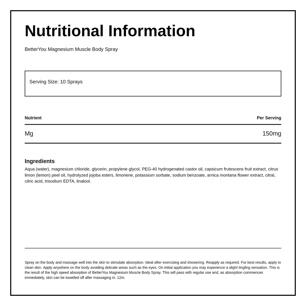 BetterYou Magnesium Muscle Body Spray — nutrition information panel, generated from the pack