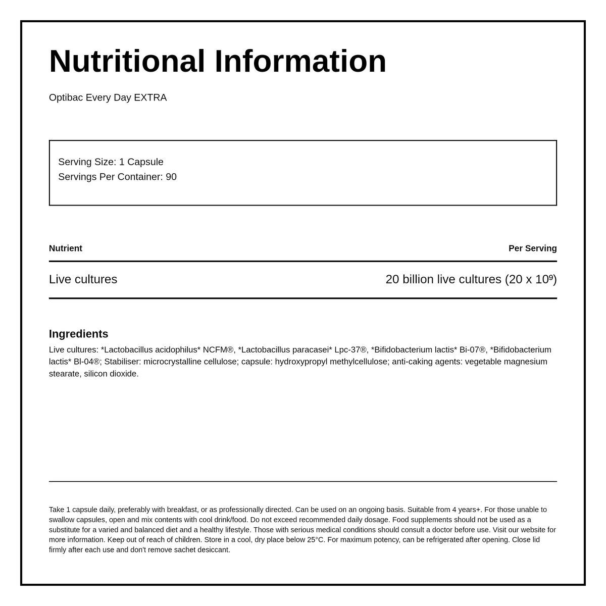 Optibac Probiotics For Every Day EXTRA Strength — nutrition information panel, generated from the pack