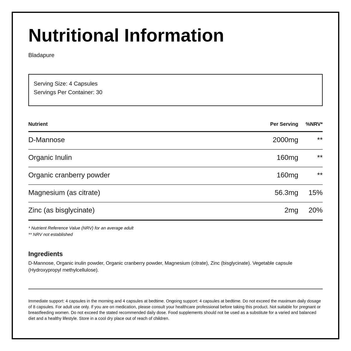 Bladapure Capsules D-Mannose Plus — nutrition information panel, generated from the pack