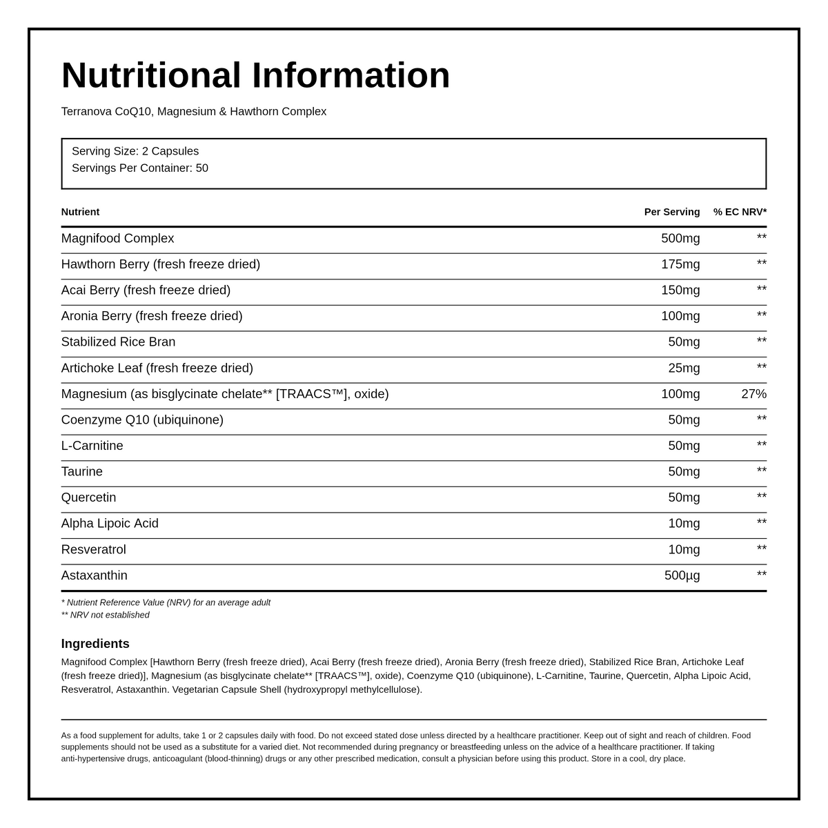 Terranova Co-Q-10, Magnesium & Hawthorn Complex — nutrition information panel, generated from the pack