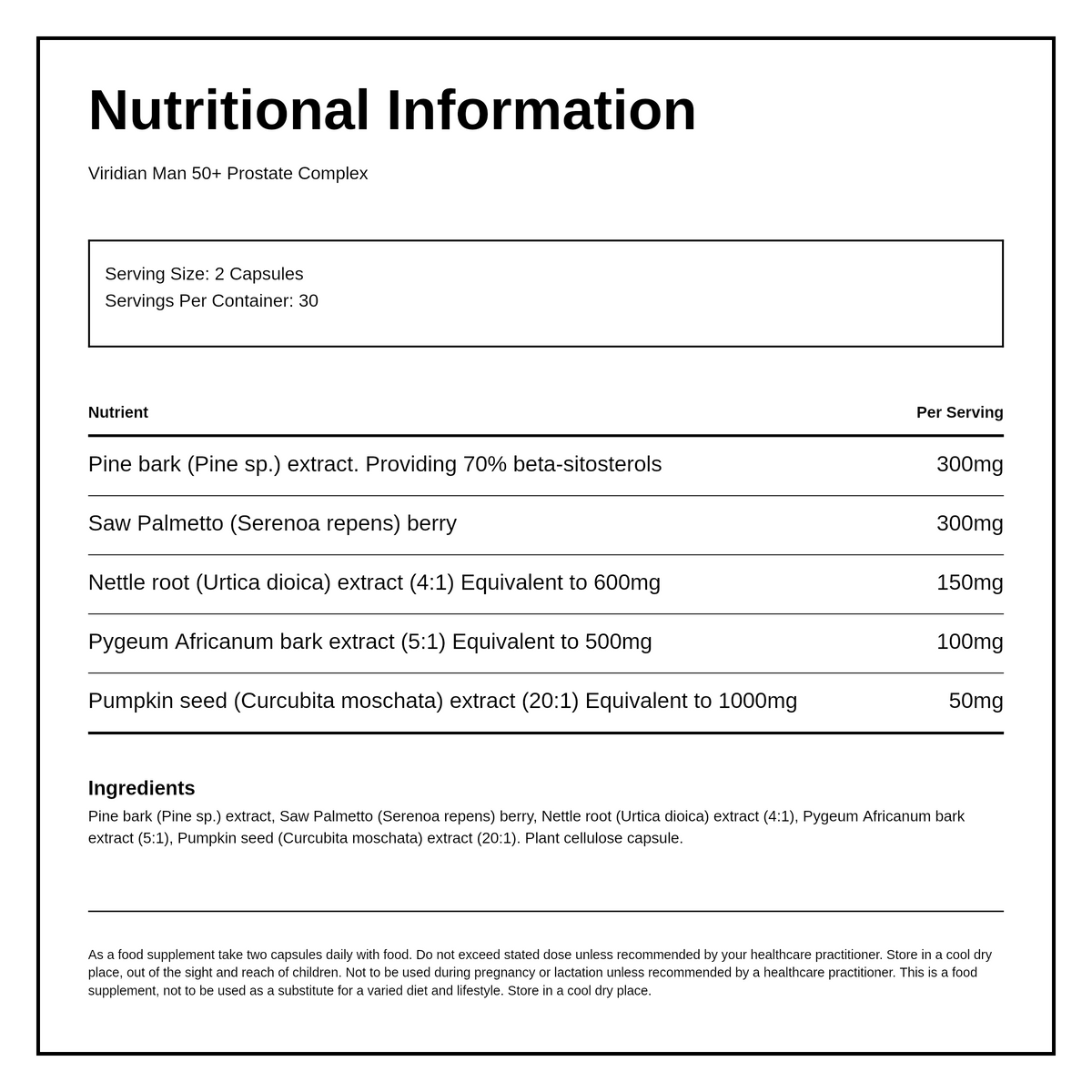 Viridian Man 50+ Prostate Complex 60 caps — nutrition information panel, generated from the pack