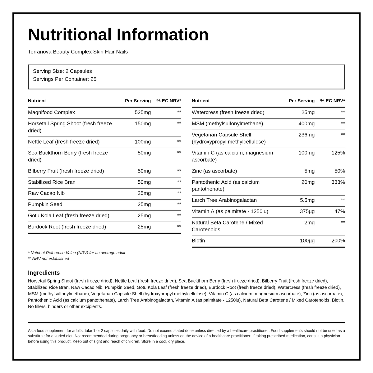 Terranova Beauty Complex Skin-Hair-Nails — nutrition information panel, generated from the pack