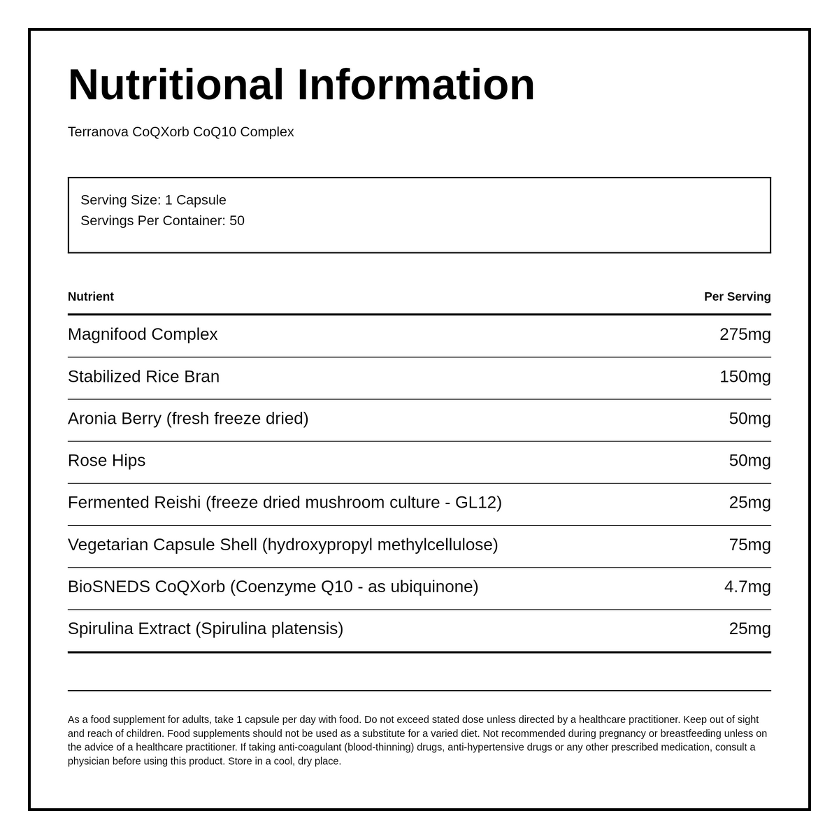 Terranova NextGen CoQXorb™ CoQ10 Complex — nutrition information panel, generated from the pack