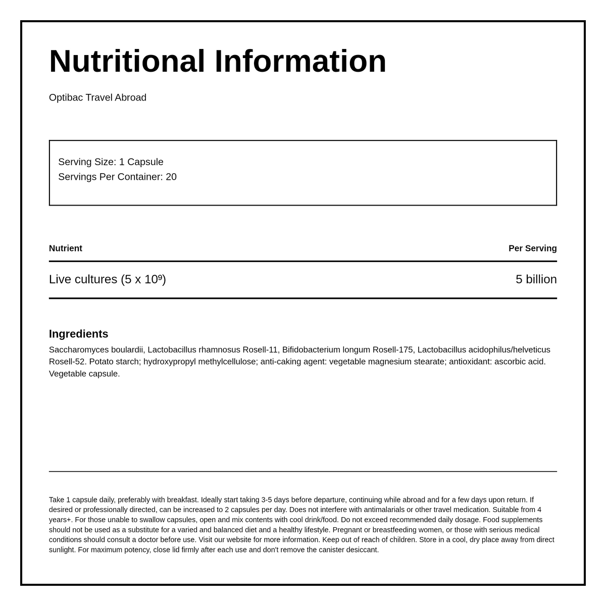 Optibac Probiotics For Travelling Abroad 20 capsules — nutrition information panel, generated from the pack
