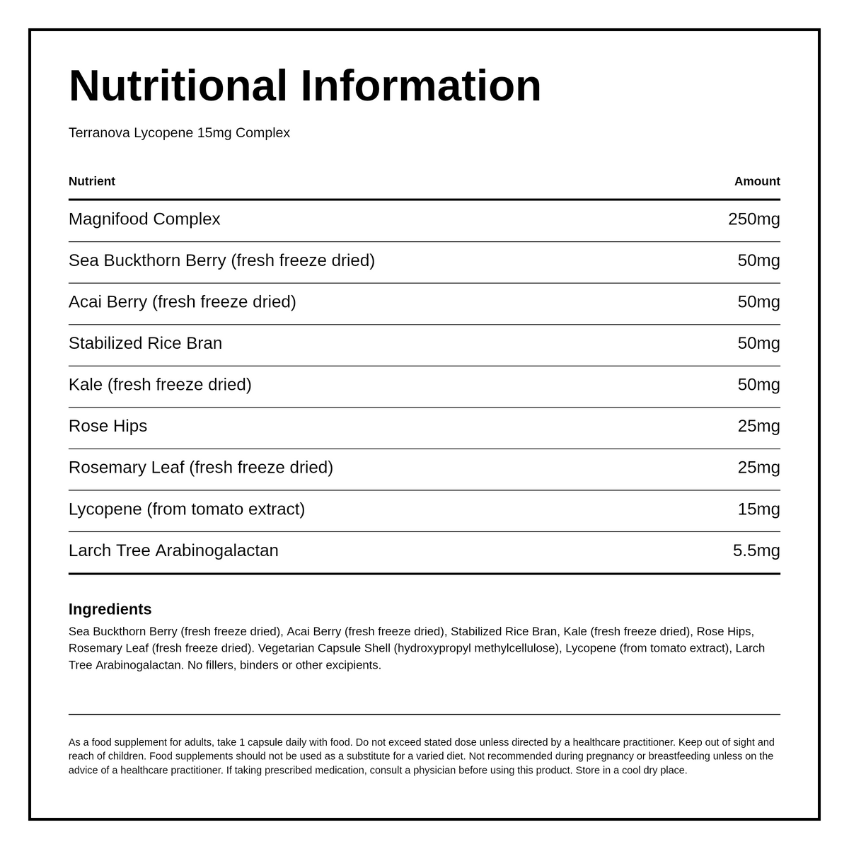 Terranova Lycopene 15mg Complex — nutrition information panel, generated from the pack