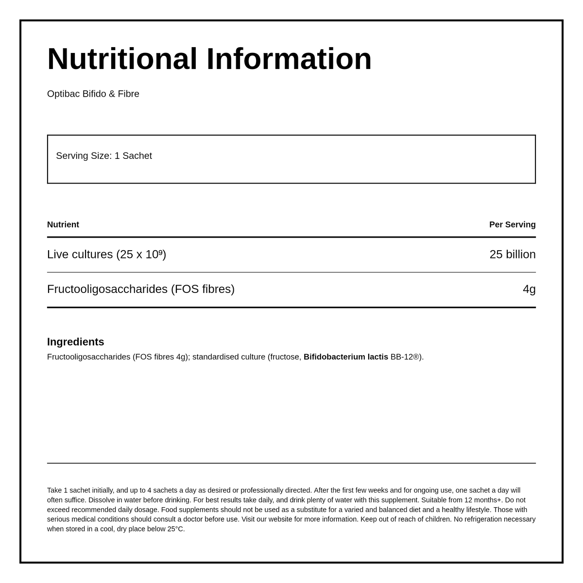 Optibac Probiotics Bifidobacteria & Fibre Sachets — nutrition information panel, generated from the pack
