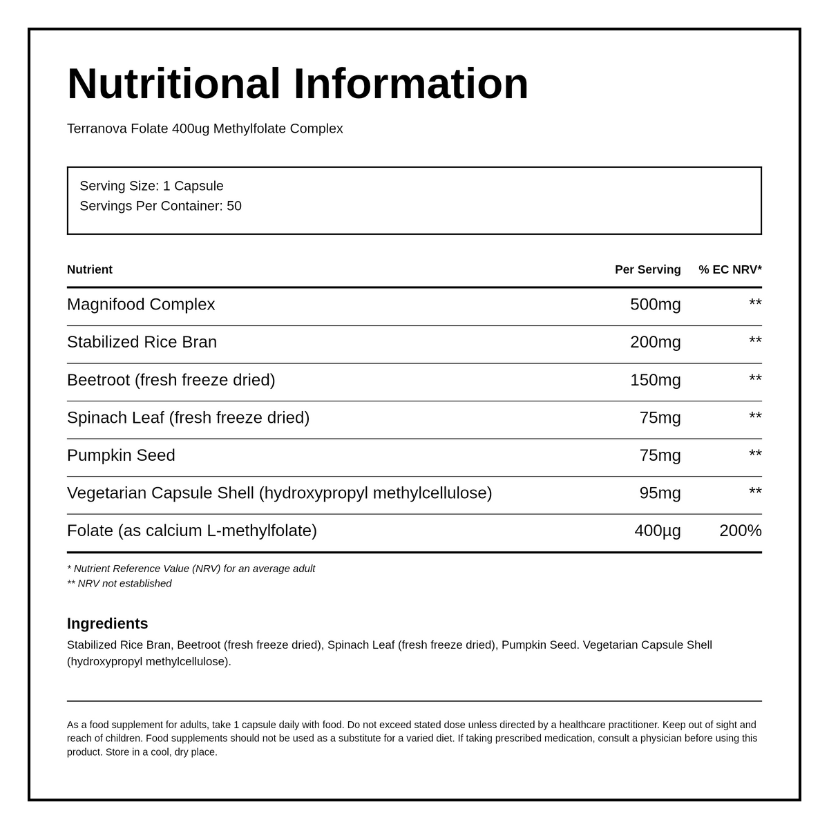 Terranova Folate (Methylfolate) 400Ug Complex — nutrition information panel, generated from the pack