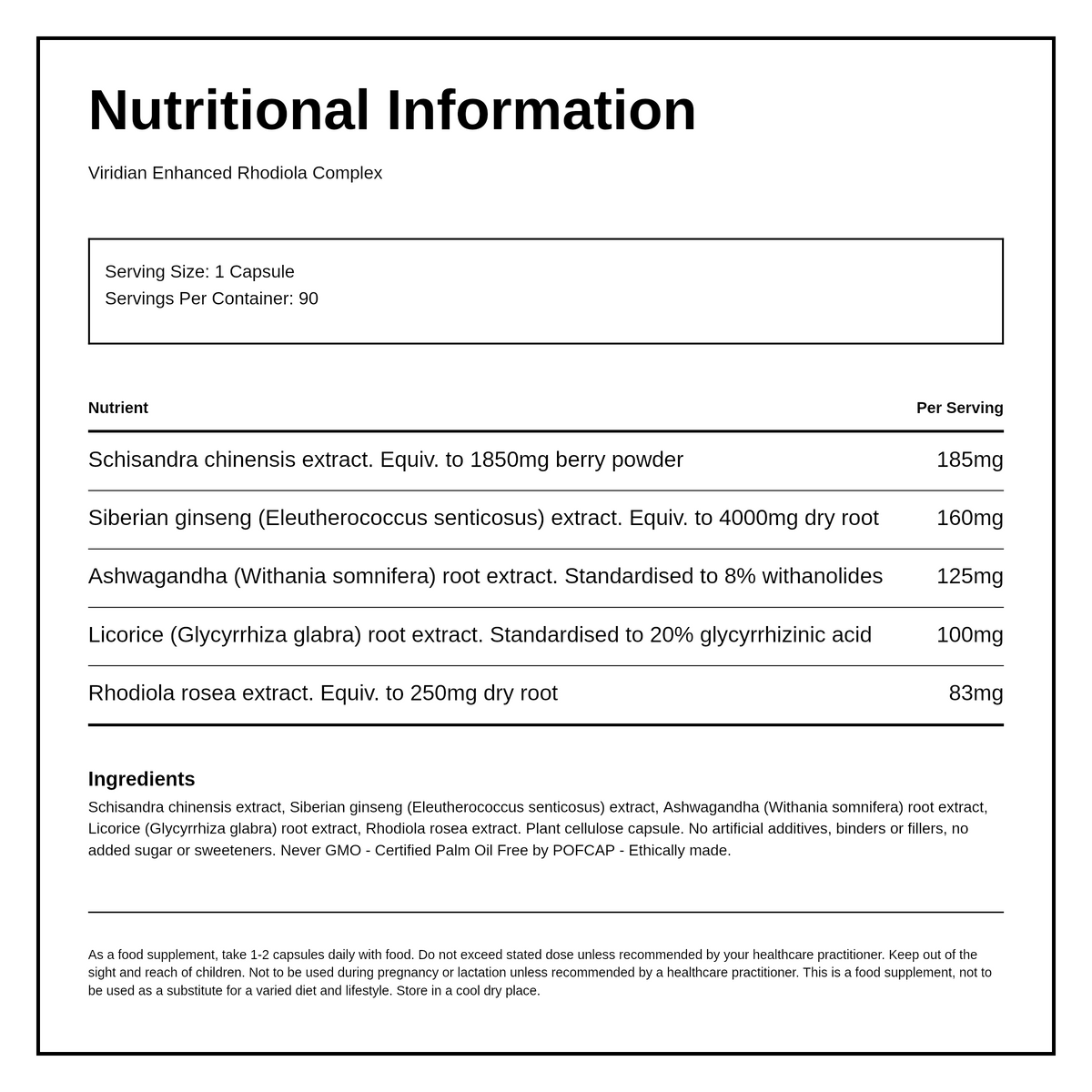 Viridian Enhanced Rhodiola Complex — nutrition information panel, generated from the pack