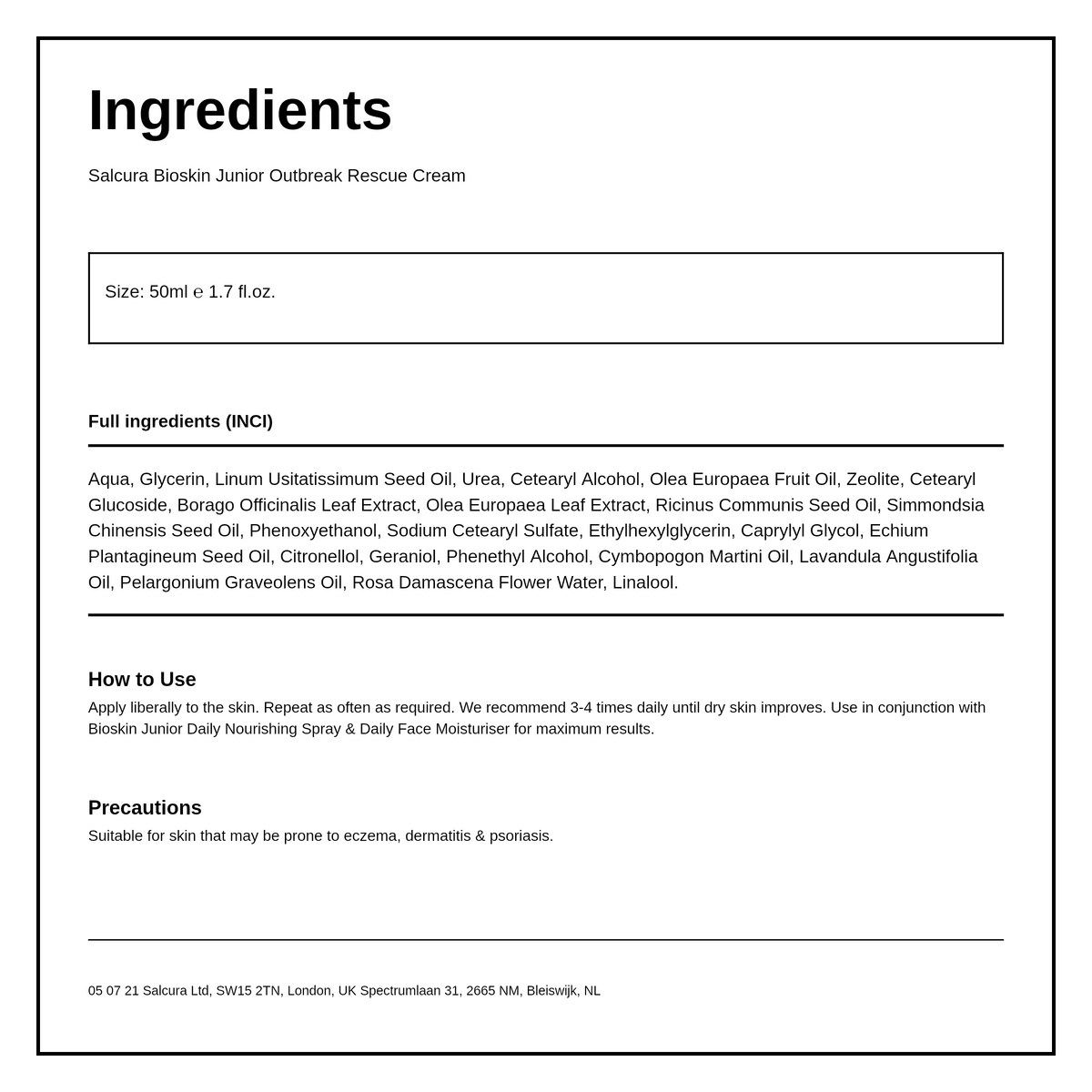 Salcura Bioskin Junior Outbreak Rescue Cream — ingredients (INCI) panel, generated from the pack