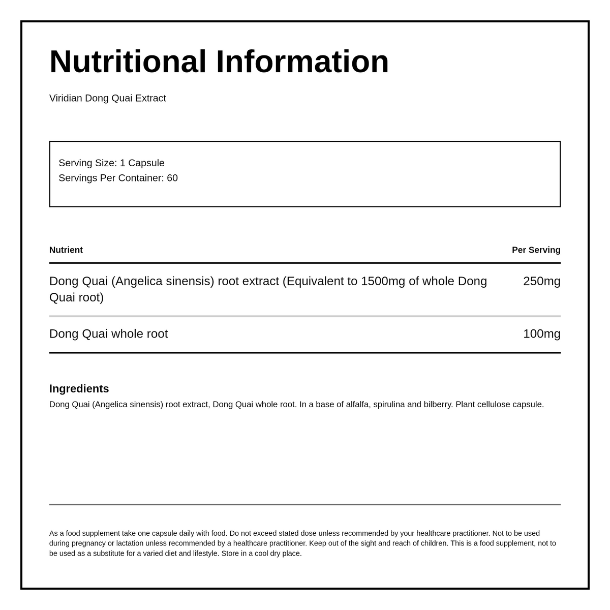 Viridian Dong Quai extract — nutrition information panel, generated from the pack