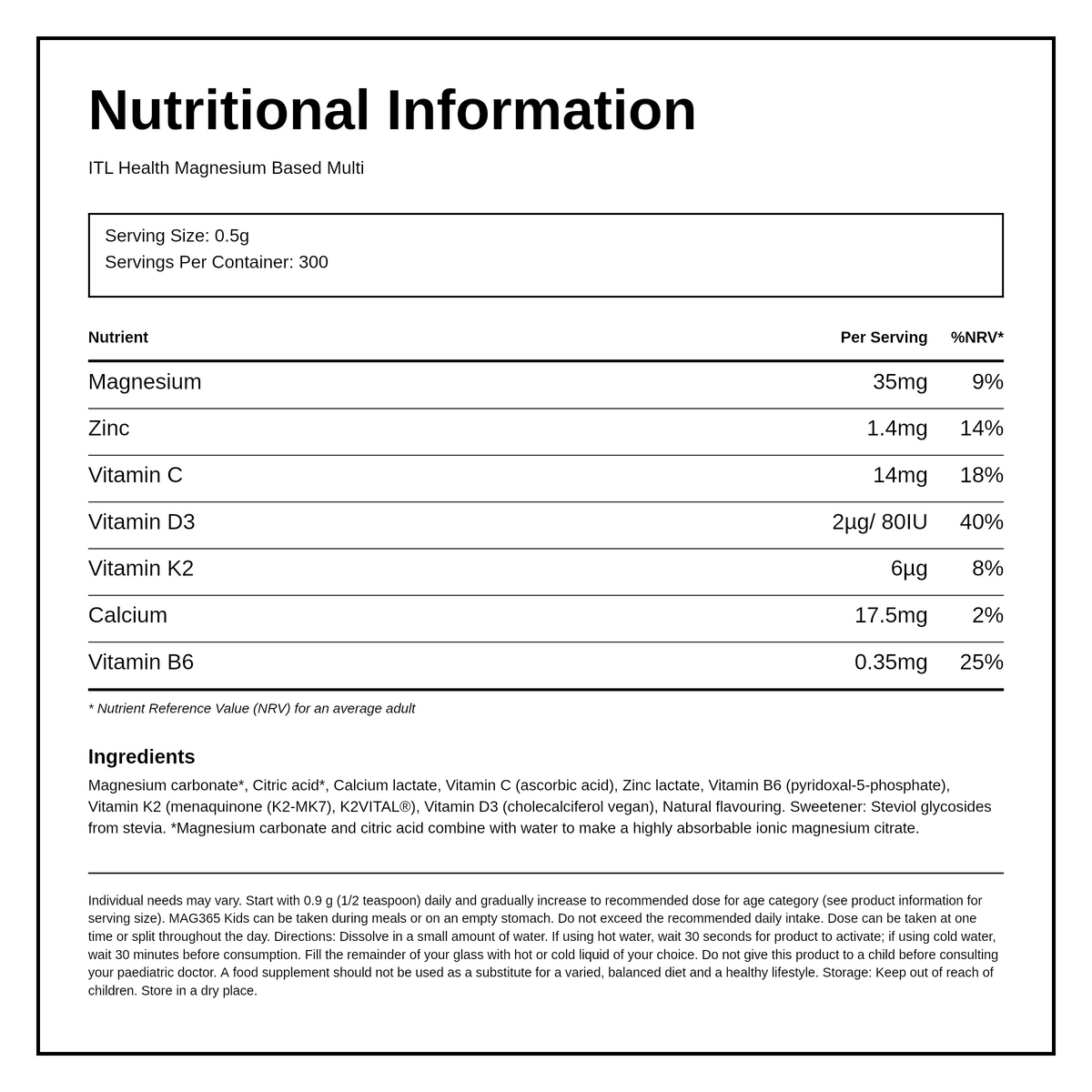 MAG365 Magnesium Supplement for Kids — nutrition information panel, generated from the pack
