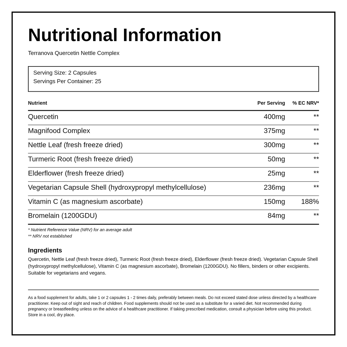 Terranova Quercetin Nettle Complex — nutrition information panel, generated from the pack