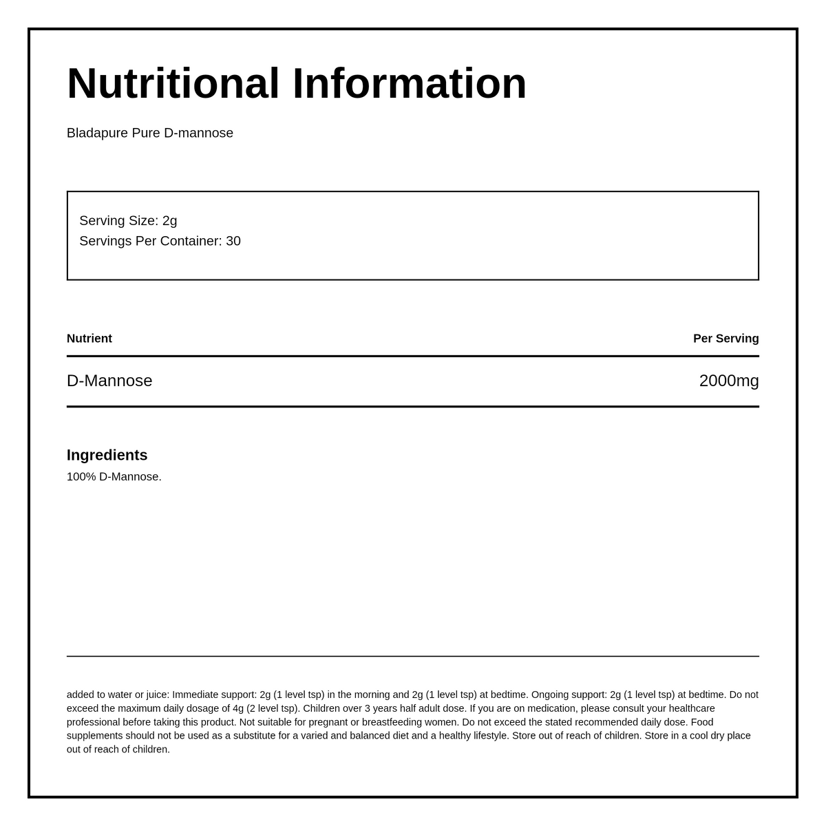Bladapure D Mannose Powder — nutrition information panel, generated from the pack