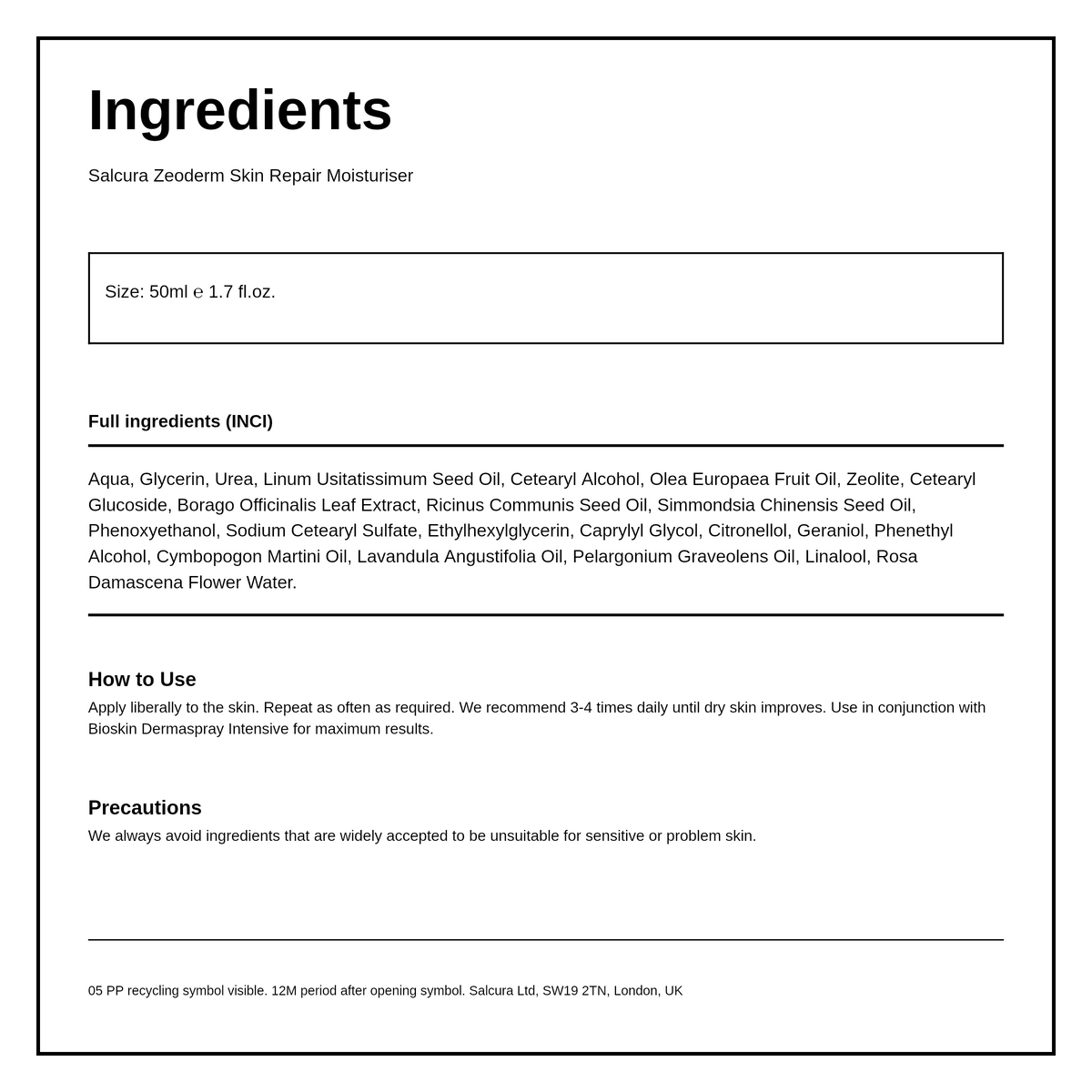 Salcura Bioskin Zeoderm — ingredients (INCI) panel, generated from the pack