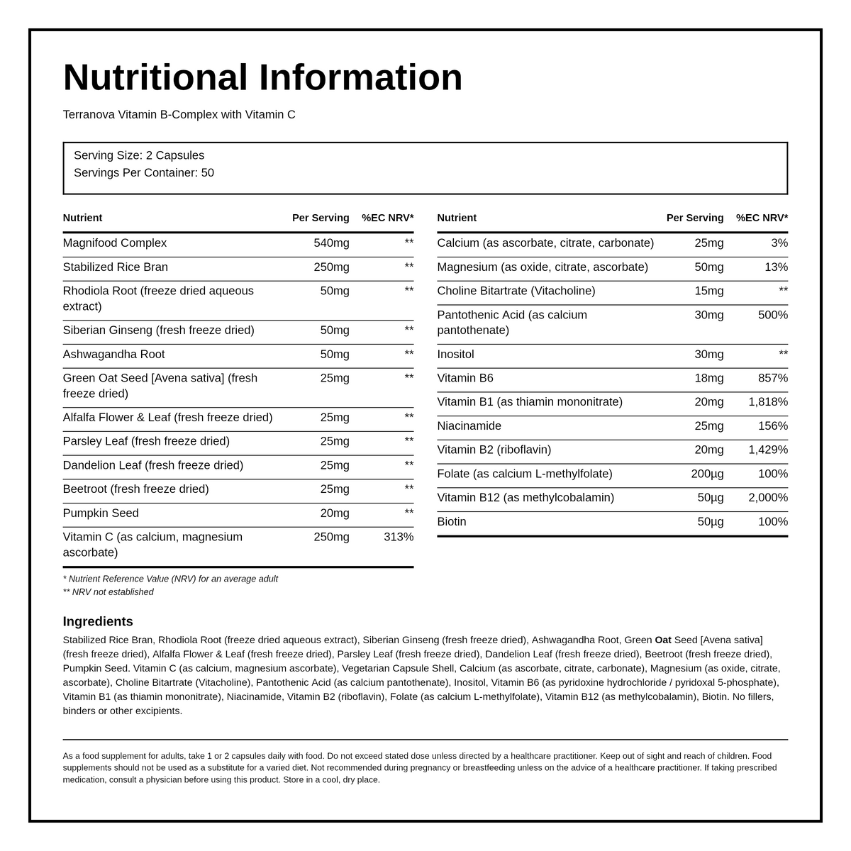 Terranova B-Complex with Vitamin C — nutrition information panel, generated from the pack