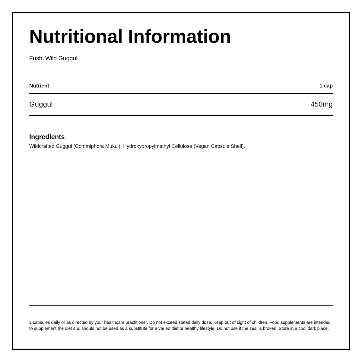 Fushi Wellbeing Guggul Capsules Organic 60 Veg Caps — nutrition information panel, generated from the pack