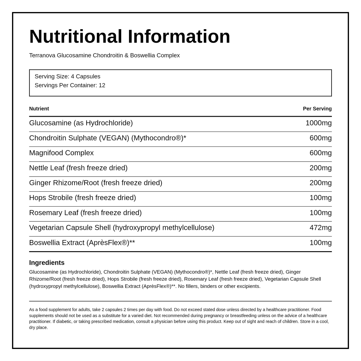 Terranova Glucosamine, Chondroitin & Boswellia Complex — nutrition information panel, generated from the pack