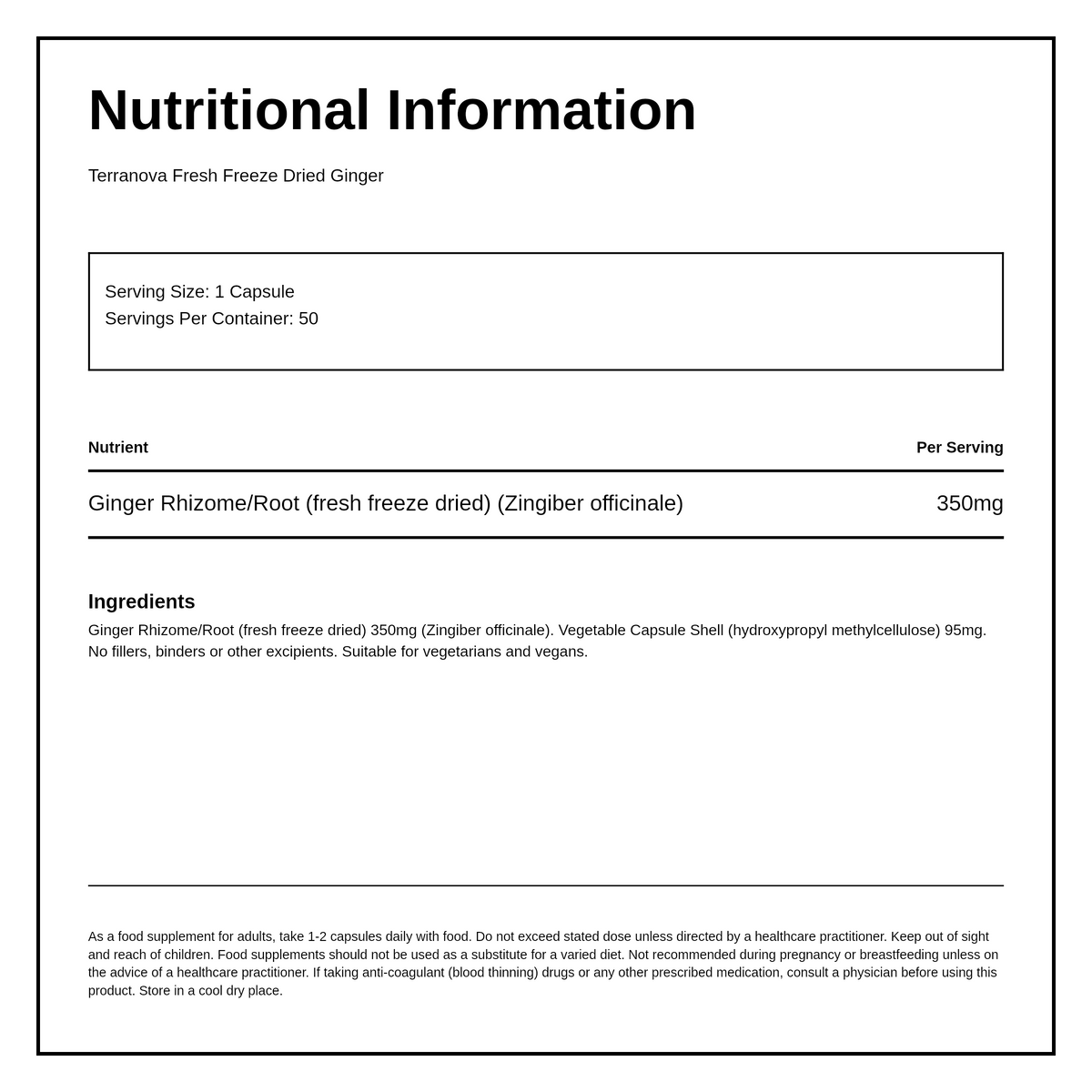 Terranova Ginger 350mg — nutrition information panel, generated from the pack
