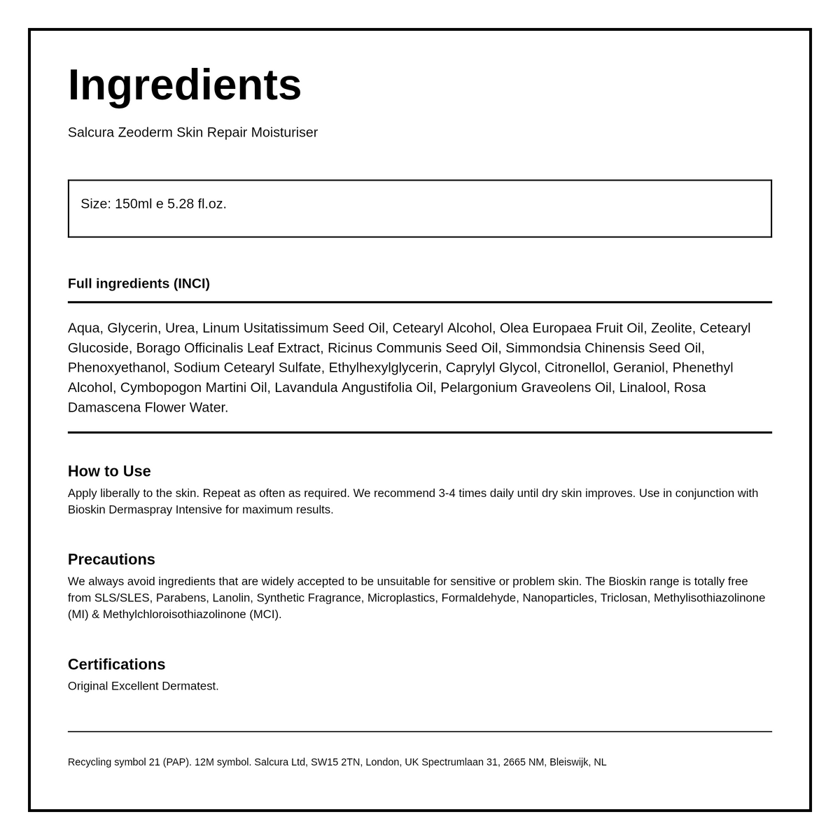 Salcura Bioskin Zeoderm — ingredients (INCI) panel, generated from the pack