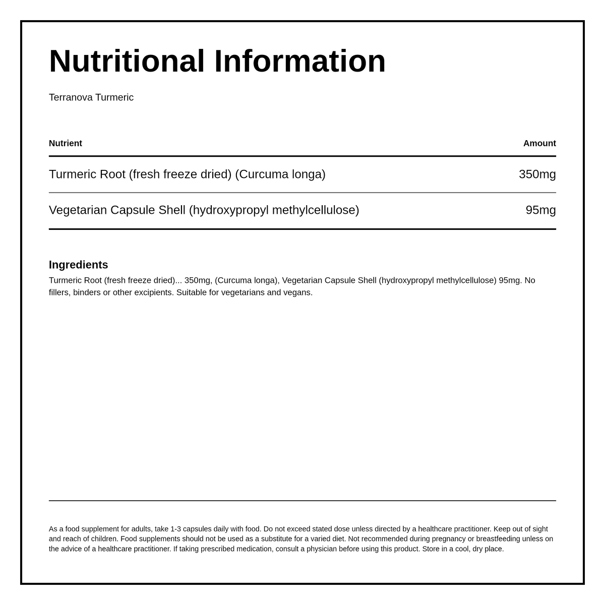 Terranova Turmeric Root 350mg — nutrition information panel, generated from the pack