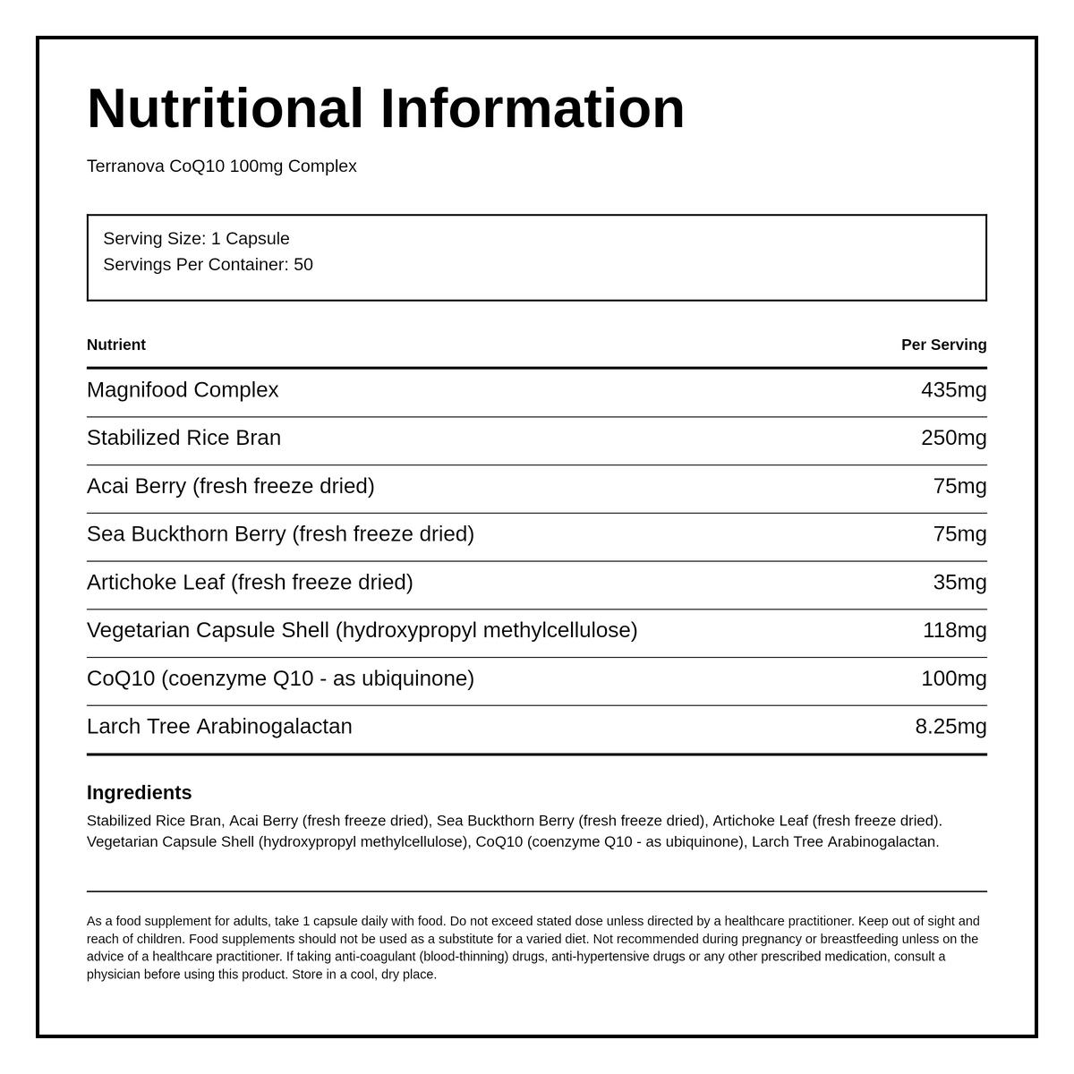 Terranova CoQ10 100mg Complex — nutrition information panel, generated from the pack