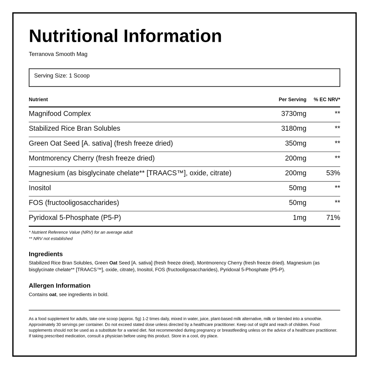 Terranova Smooth Mag Complex Powder — nutrition information panel, generated from the pack